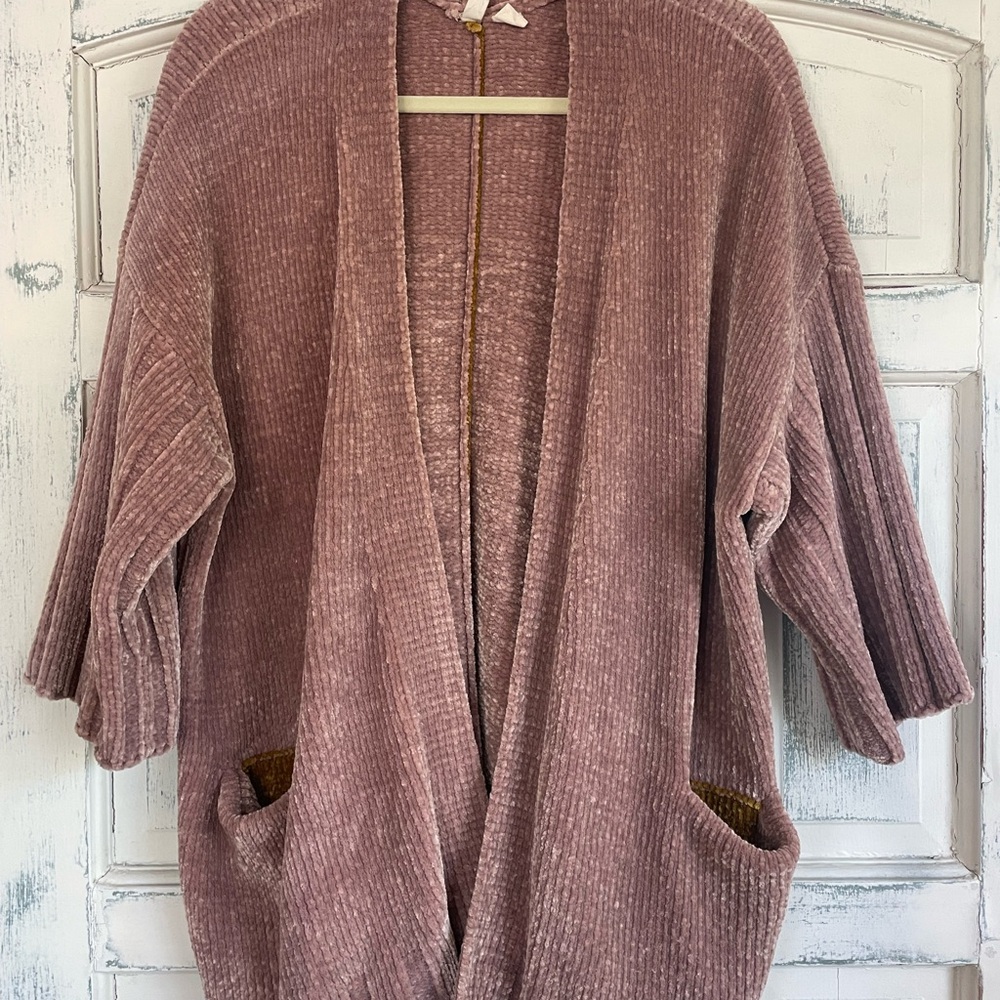 Anthro MOTH Chenille Cardigan XS Blush Pink Open Front Cozy Sweater